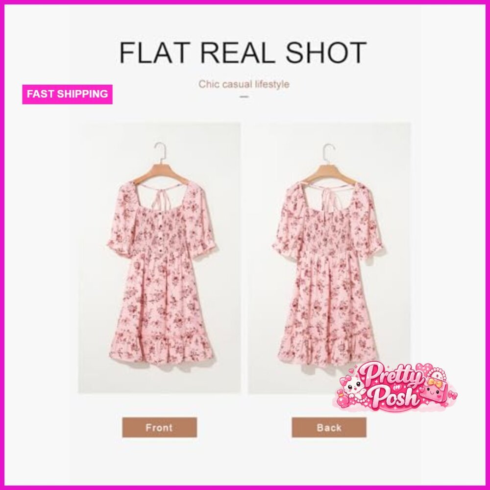 Cotton Square Neck Smocked Boho Floral Sundress A-Line Mini Dress - Picture 4 of 7